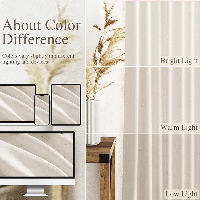 Nanspring Modern Linen Curtains 84 Inch Length 2 Panels Set for Living Room Light Filtering Semi Sheer Curtain Back Tab Neutral Luxury Modern Farmhouse Decor Linen Blend Drapes for Bedroom 52x84