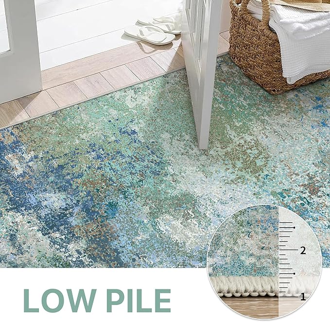 Area Rugs 6x9 for Living Room Bedroom, Modern Abstract Machine Washable Rug, Large Soft Low Pile Floor Carpet with Non Slip Backing for Dining Room, Blue Green