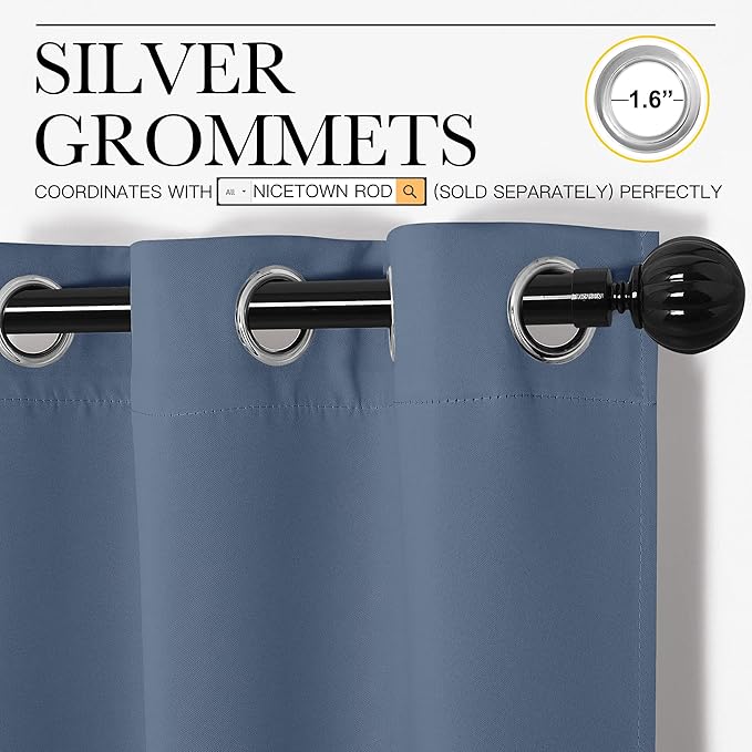 NICETOWN Stone Blue Room Darkening Curtain Panels 86" Length for Bedroom Living Room, Thermal Insulated Blackout Draperies for Home Decoration, Total Privacy (55" Width, 2 Pieces)