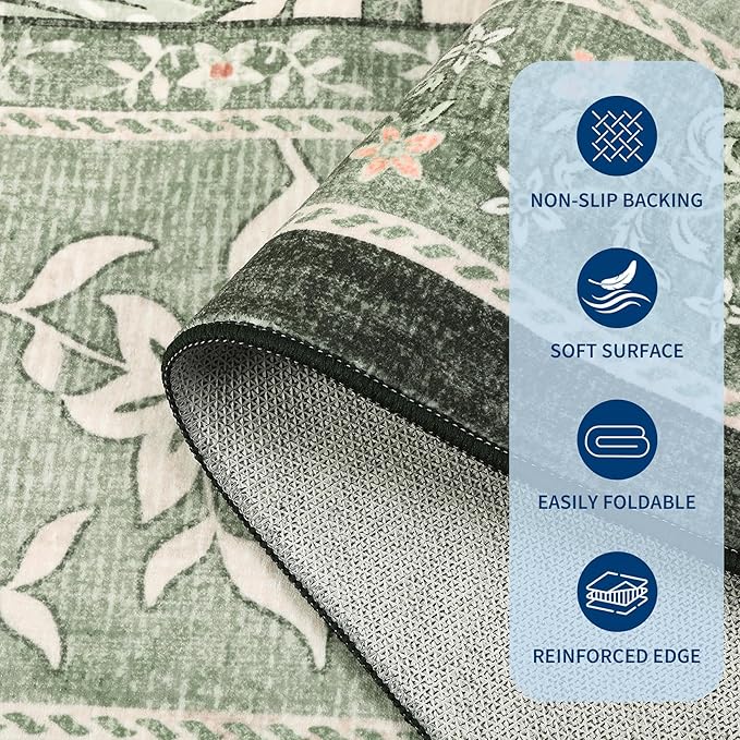 GarveeHome Provence 5x7 Area Rugs, Botanical Grove Sage Green Vintage Cottagecore Non-Slip Washable Rug for Living Room Bedroom Nursery Kitchen Low-Pile Retro Carpet