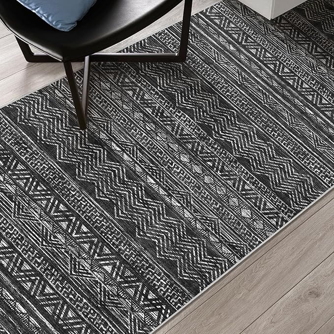 Ksrau 2x5 Hallway Runner Rug - Moroccan Non Slip Long Rug for Entryway Soft Low-Pile Washable Neutral Rugs for Kitchen Small Waterproof Indoor Floor Carpet for Bedroom Bathroom Laundry 2x5 Black