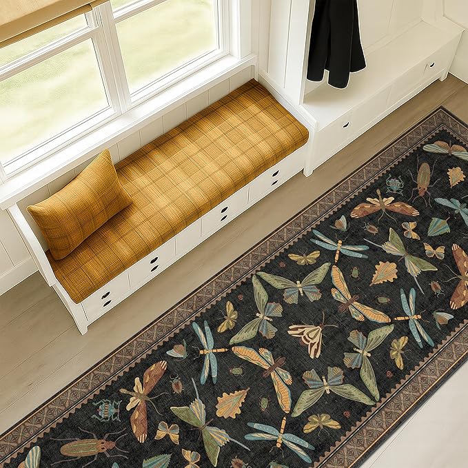 Dark Black Boho 2x10 Rug Runners for Hallways, Washable Non Slip Long Runner Rug for Kitchen, Entryway, Low Pile & Soft Stain Resistant Vintage Home Décor