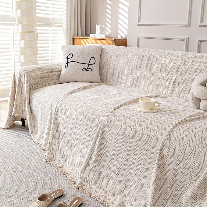 Boho Chenille Couch Cover for Dogs, Non Slip Sofa Cover, Couch Slipcover Covers for 3 Cushion, Furniture Protector with Tassels for Pets Washable, 91"x118", Fishbone Beige