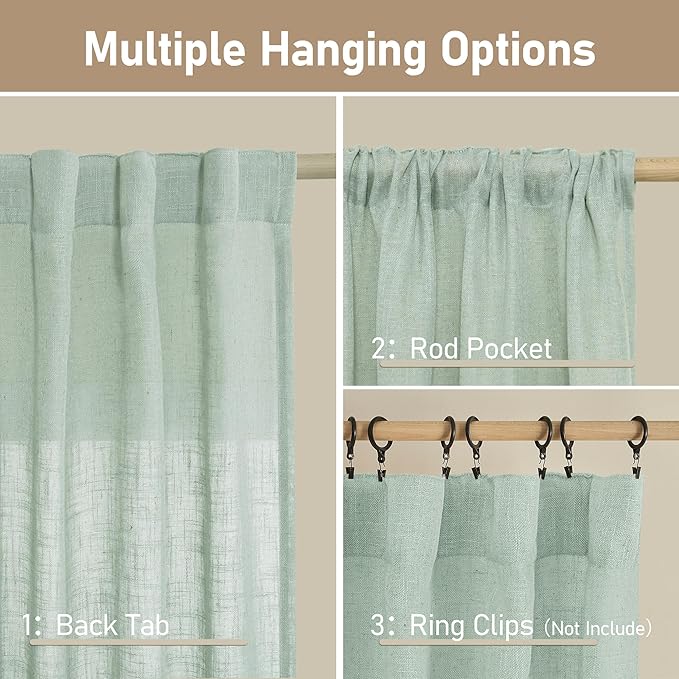 LAMIT 48 Inch Short Window Linen Curtains, Light Filtering Panels Back Tab and Rod Pocket Neutral Drapes for Cafe/Bathroom/Loft Room, Light Sage, 2 Panels, 34 x 48 Inch
