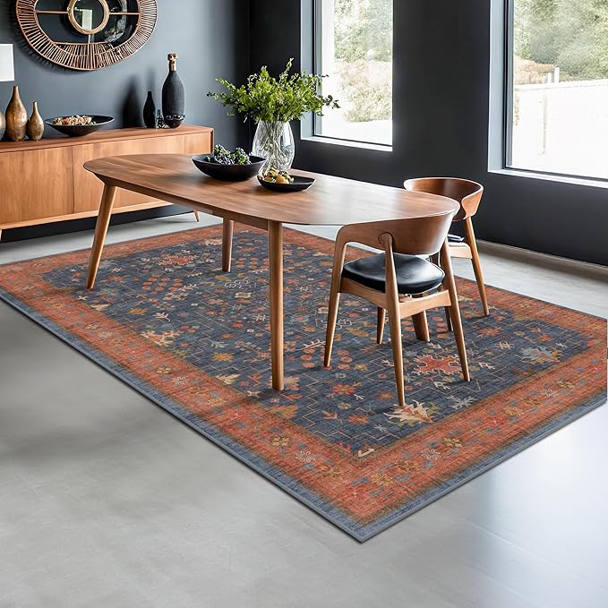 Hazo Haus 6x9 Dining Room Rugs for Under Table - Washable Area Rug for Living Room, Low Pile Non-Slip Rugs for Bedroom - Navy Blue & Terracotta Vintage Boho Eclectic Home Decor