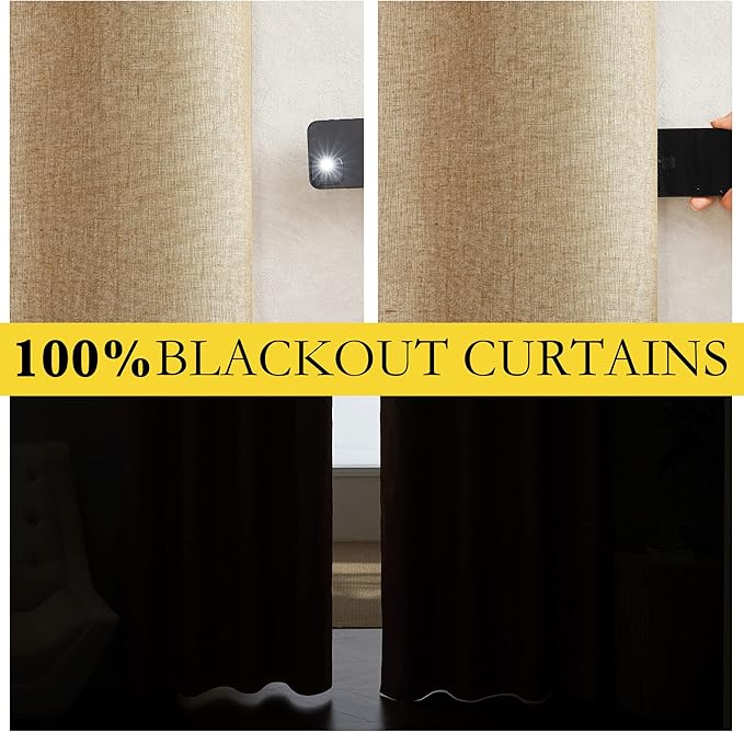NICETOWN 100% Absolutely Blackout Linen Curtains with Thermal Insulated White Liner, Camel, 34" Wide by 48" Long, 2 Pieces, Linen Blend Window Drapes Privacy Window Treatments for Bedroom/Kids Room