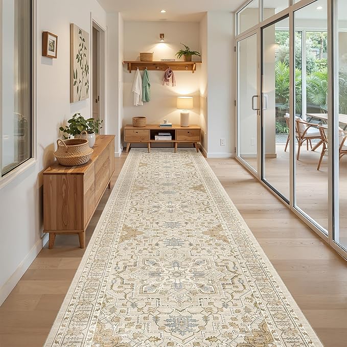 Madane Hallway Runner 3x14 - Runner Rugs 14ft Washable Entryway Rug Vintage Kitchen Runners Non Slip Indoor Area Rug Farmhouse Carpet Runner for Bathroom Living Room Bedroom, Beige/Blue