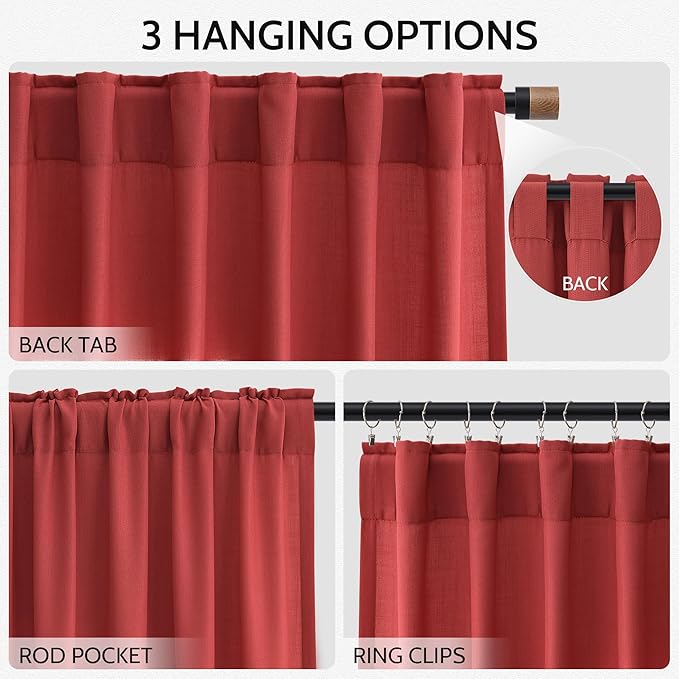 Christmas Red Linen Curtains 102 Inches Long for Living Room Light Filtering Semi Sheer Curtain Back Tab Vintage Rustic Luxury Home Decor Floor to Ceiling Neutral Drapes for Bedroom 52x102, 2 Panels