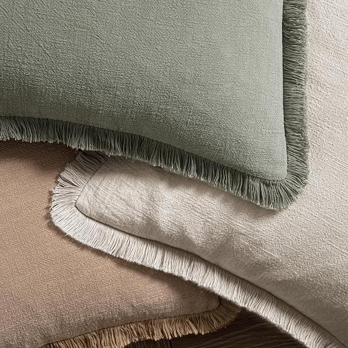 MIULEE Decorative Throw Pillow Covers Neutral Linen Fringe Throw Pillows Euro Shams Set of 2 Natural Beige Boho Farmhouse Cushion Covers for Couch Sofa Bed Living Room Spring Home Decor 22x22 Inch