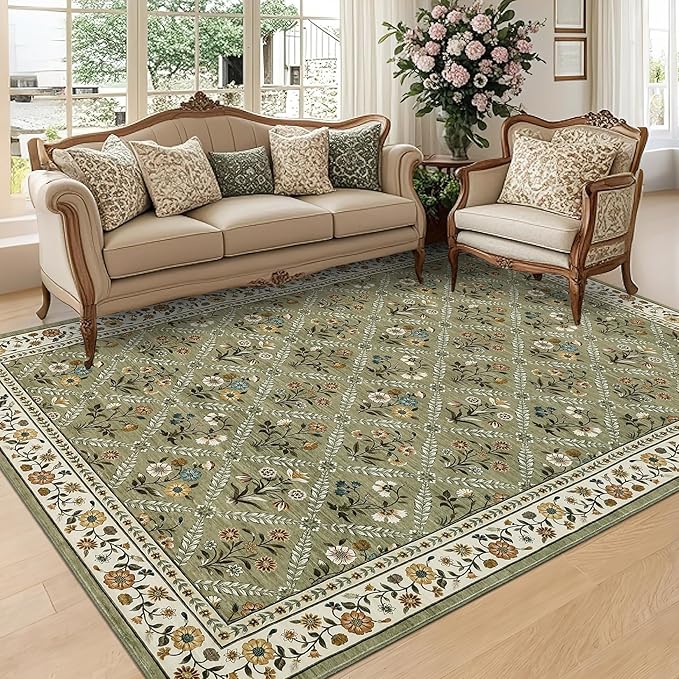GarveeHome Grey Floral Rug 4x6 Rug Machine Washable Area Rug for Living Room Farmhouse Floral Low Pile for Dining Room, Bedroom Indoor Foldable Non-Slip Green RV