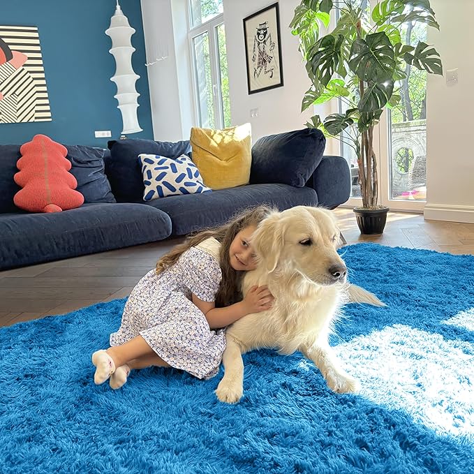 OLANLY 5x7 Machine Washable Large Area Rugs for Living Room, Bedroom, Soft Fluffy Shaggy Bedside Rug, Indoor Floor Carpet for Kids Girls and Boys, Dorms, Nursery, Home Decor Aesthetic, Bright Blue