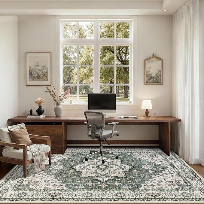 6x9 Area Rugs Living Room Rug: Washable Vintage Boho Medallion Rug No Slip Stain Resistant Soft Carpet Indoor Large Carpets for Bedroom Dining Room Farmhouse Nursery Hallway Home Office Green Ivory