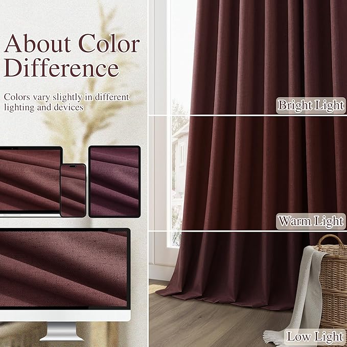 Guken Reddish Brown 100% Blackout Linen Curtains 120 Inch Length 2 Panels Set for Living Room Bedroom Back Tab/Rod Pocket Thermal Insulated Farmhouse Black Out Drapes Room Darkening,52x120