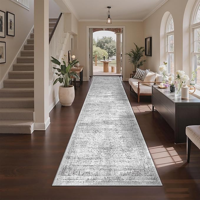 3x10 Runner Rug Non Slip Washable for Entryway, Vintage Hallway Runner for Front Porch, Laundry Room, Bedroom, Abstract Stain Resistant Thin Indoor Kitchen Mats for Floor(3'x10', Grey/Ivory)