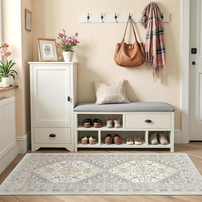 2x5 Rug Runner Washable for Entryway, Soft Bathroom Rugs with Non-Slip Backing,Vintage Low Pile Stair Runner, Small Kitchen Carpet for Hallways, Laundry Room(Beige,2'x5')
