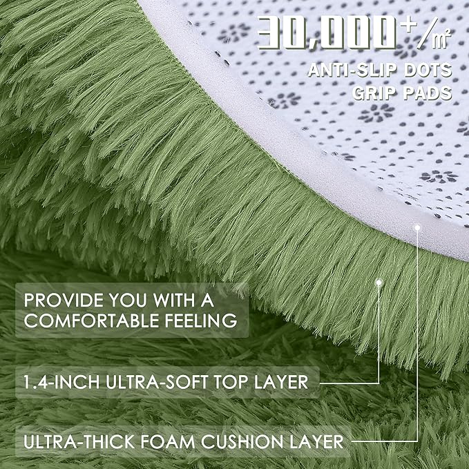 OLANLY Green Round Rugs for Bedroom - Machine Washable, 8 ft Circle Area Rugs for Living Room, Soft and Fluffy Shaggy Carpet for Teen Girl and Boys, Nursery Rooms, Dorms, Home Decor Aesthetic