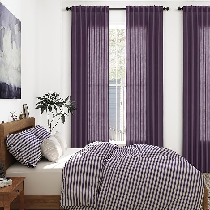 Extra Long Plum Linen Curtains 120 Inch for Living Room 2 Panels Set Rod Pocket Back Tab Linen Window Drapes Semi Sheer Light Filtering Privacy High Ceiling Drapes for Farmhouse 52x120