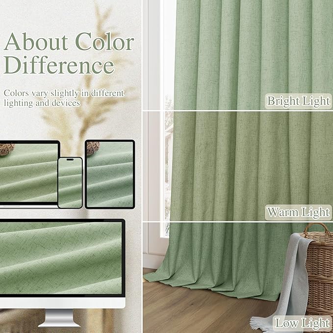 Guken Light Sage 100% Blackout Linen Curtains 72 Inch Length 2 Panels Set for Living Room Bedroom Back Tab/Rod Pocket Thermal Insulated Black Out Drapes Room Darkening Window Curtains