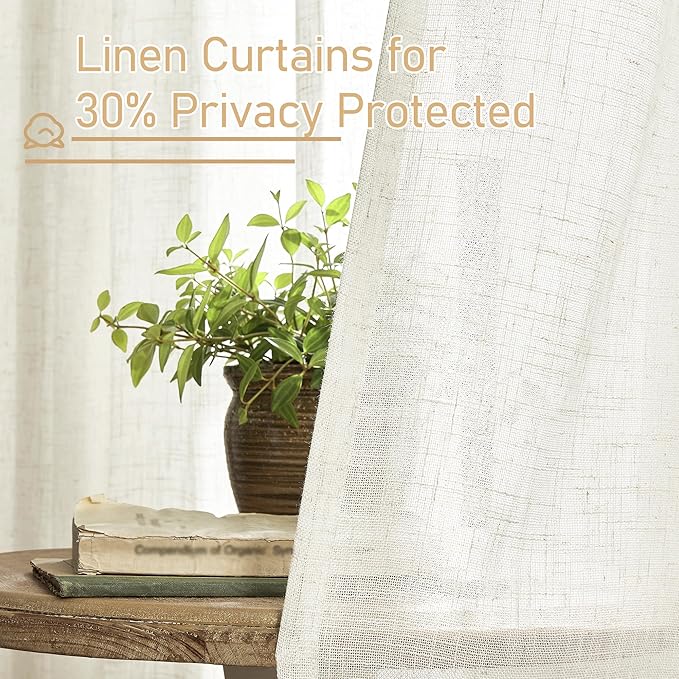 LAMIT 60 Inch Length Window Linen Curtains, Light Filtering Panels Back Tab and Rod Pocket Neutral Drapes for Bedroom/Living Room, Cream, 2 Panels, 34 x 60 Inch