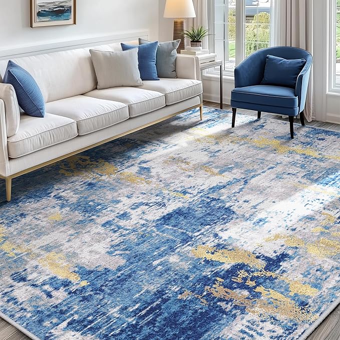 Washable Area Rugs 6'x8' Non-Slip Modern Abstract Soft for Living Room Entryway Bedroom Nursery, Print Pattern, Grey Blue Gold/Golden