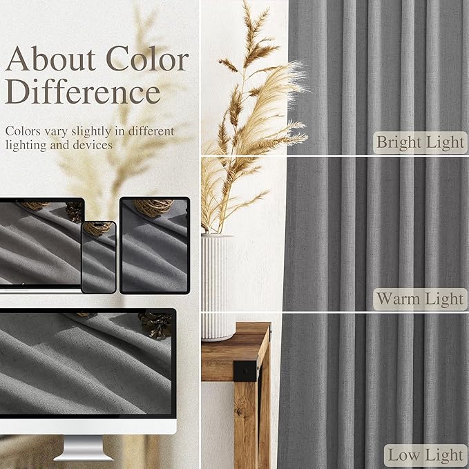 Nanspring Dark Gery Linen Curtains 63 Inches Length for Living Room Back Tab Pocket Light Filtering Semi Sheer 2 Panels Set Drapes Neutral Farmhouse Cotton Linen Textured Window Curtain 52X63 Inch