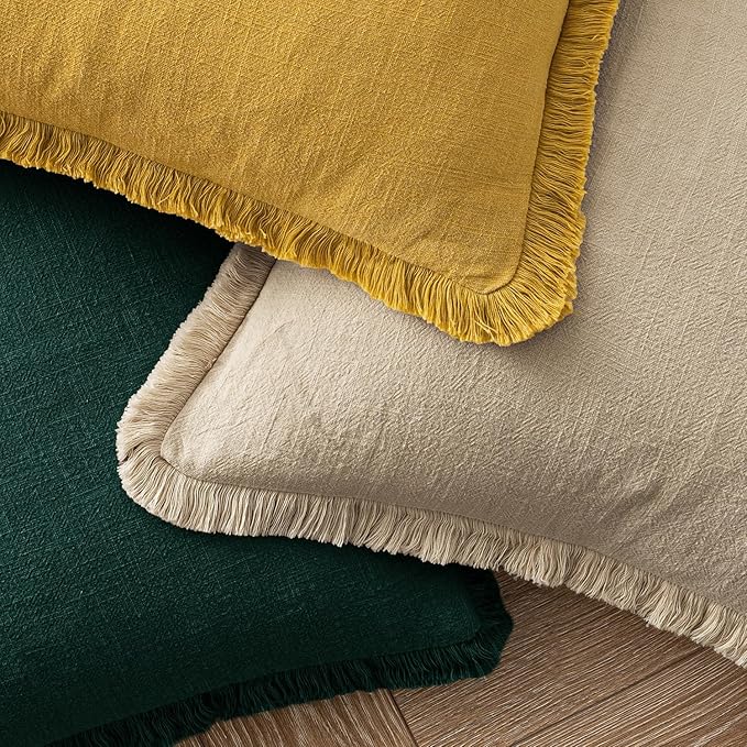 MIULEE Decorative Throw Pillow Covers Neutral Linen Fringe Throw Pillows Euro Shams Set of 2 Beige Boho Farmhouse Cushion Covers for Couch Sofa Bed Living Room Spring Home Decor 22x22 Inch