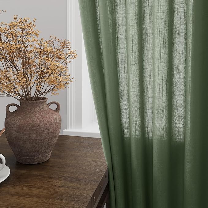 Olive Green Linen Curtains 102 Inches Long for Living Room 2 Panel Set Back Tab Rod Pocket Semi Sheer Curtains Light Filtering Burlap Extra Long Drapes Boho Farmhouse Decor for High Window 40x102