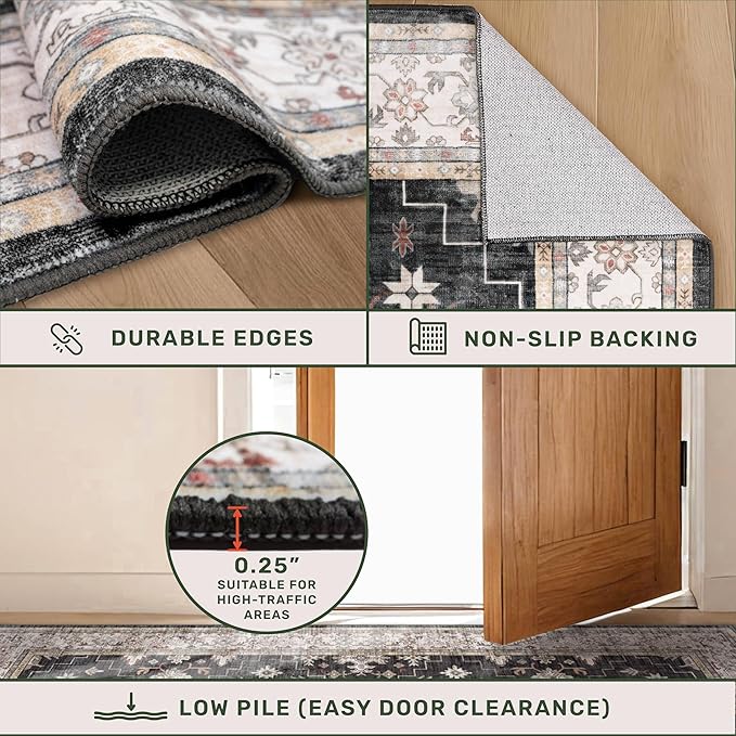 Hazo Haus Boho Dining Room Rugs for Under Table - Washable Black Area Rug for Living Room, Low Pile Non-Slip Rugs for Bedroom, Office - Charming Geometric Decor & Stain Resistance - 6x8 Black/Multi