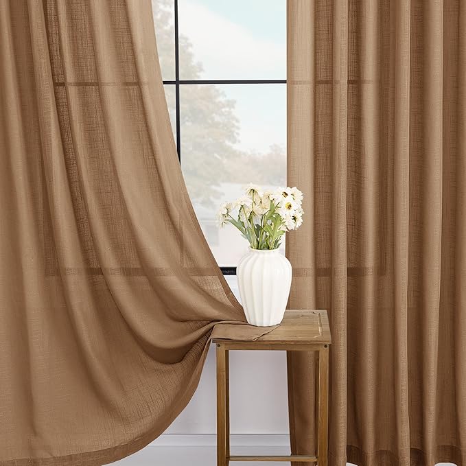 Brown Curtains for Living Room Back Tab Modern Farmhouse Semi Sheer Curtains 96 inches Long 2 Panels Set Muted Neutral Window Curtain for Dining Room Bedroom 52x96