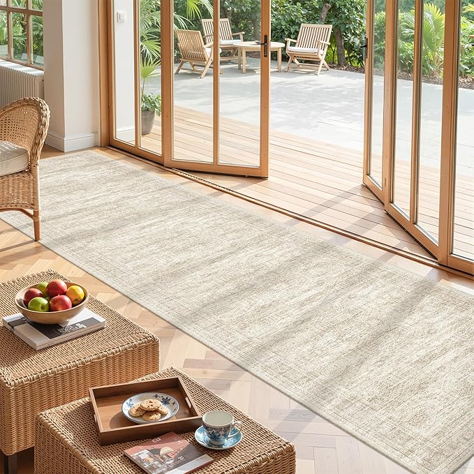 Long Hallway Runner Rug- Carpet Runners for Hallway 12ft, Anti Slip Backing Washable Rug Runner for Bathroom, Entrance, Living Room, Soft Low Pile Modern Rug Runner(2'x12', Beige/Ivory)