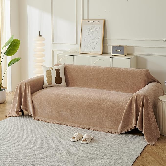 Couch Cover for Dogs, Boho Sofa Covers for 3 Cushion Couch, Chenille Sofa Slipcover for Pets Washable, L-Shape Sectional Couch Cover Soft Throw Blankets with Tassels(91x150,Khaki)
