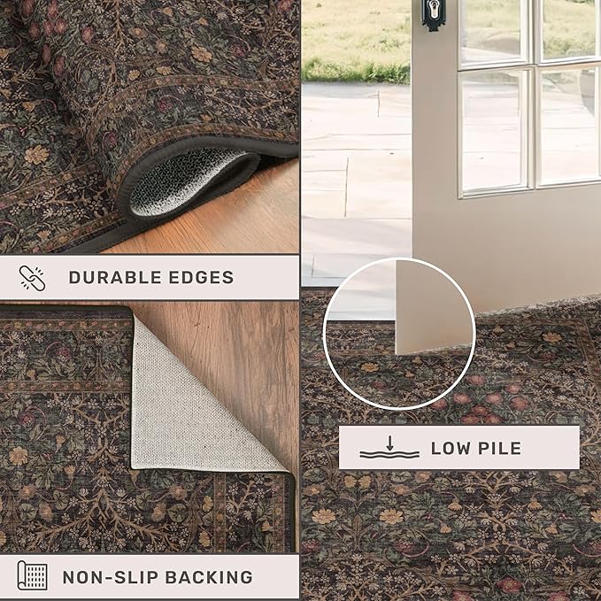 Dark Brown Washable 5x7 Area Rugs for Living Room, Non-Slip Soft Rugs for Bedroom, Dining Room, Home Office, Deep Olive Accent Floral Vintage Cottage Indoor Carpet Décor, Low Pile Stain Resistant