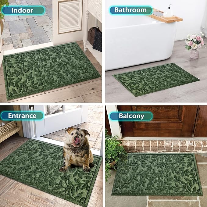 Bulijojo Sturdy Frontr Entrance Doormats,Durable Heavy Duty Welcome Mat,Thick Absorbent Natural Rubber Non Slip Mat,Easy Clean Entryway Mat Leaves Green 23"x35"