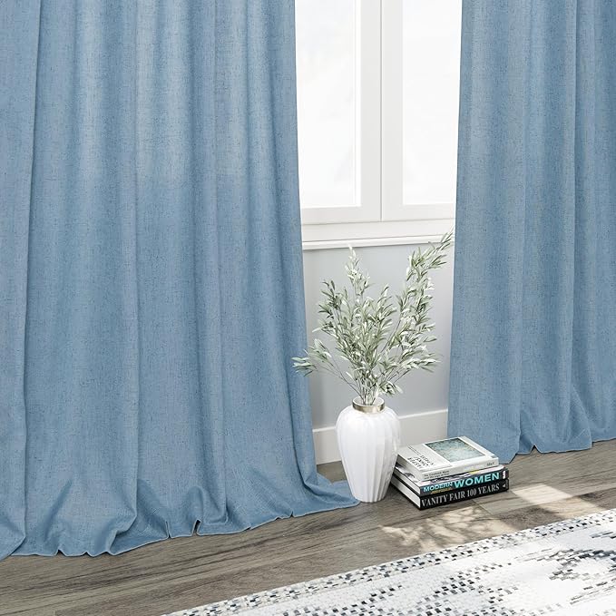 Nanspring Dusty Blue Linen Back Tab Curtains 94 Inch Length for Living Room 2 Panel Set Neutral Modern Farmhouse Window Curtain Privacy Semi Sheer Linen Drapes Rustic Country Window Treatment 52x94