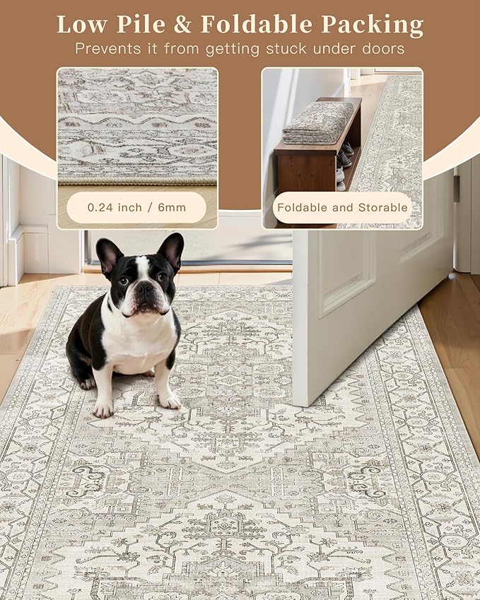 Madane Area Rug 3x5, Entryway Washable Vintage Runners Bedroom Non Slip Indoor Kitchen Runner for Living Room Laundry Room Playroom Soft Non-Slip Area Rugs, Beige/Brown
