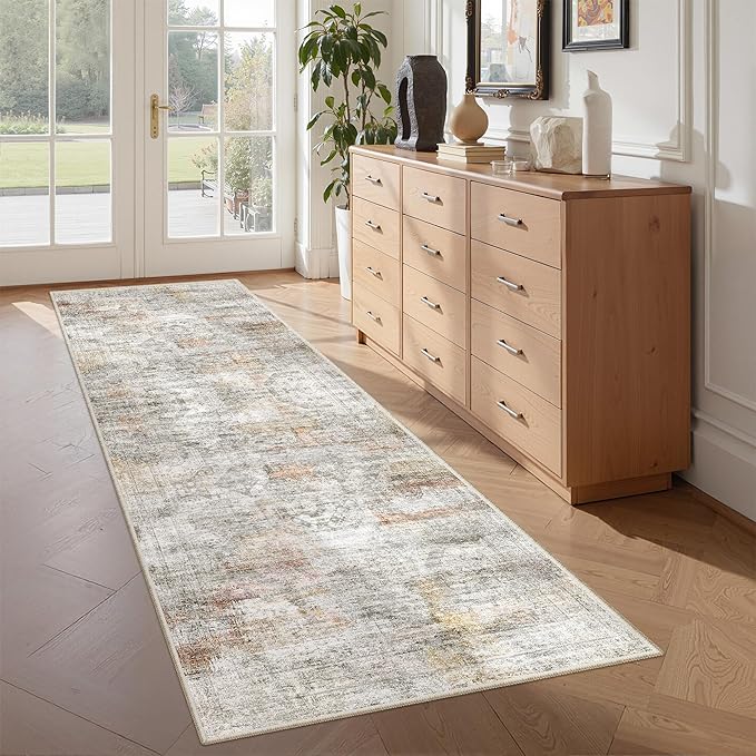 Washable Runner Rugs for Bedroom - 2x6 Runner Rug Non Slip, Ultra-Thin Entryway Runner, Soft Abstract Kitchen Runner for Hallway, Laundry, Bathroom, Indoor Door Mat(2'x6', Grey/Rust)