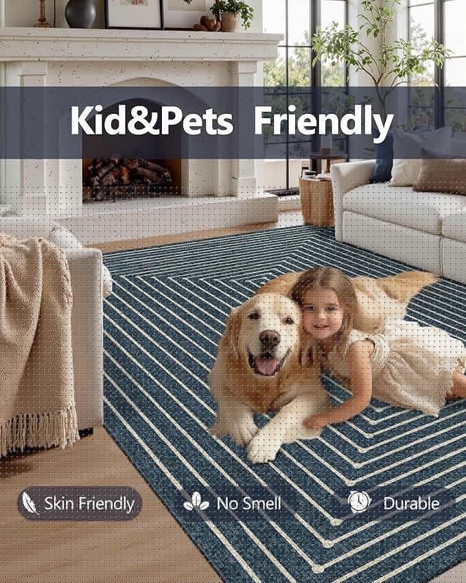 Latte&Fog 8x10 Area Rugs for Living Room, Large Modern Abstract Washable Rug, Boho Non Slip Low Pile Carpet for Indoor Bedroom Dining Room, Office, Dorm, Classroom, Farmhouse and Kids Room - Blue