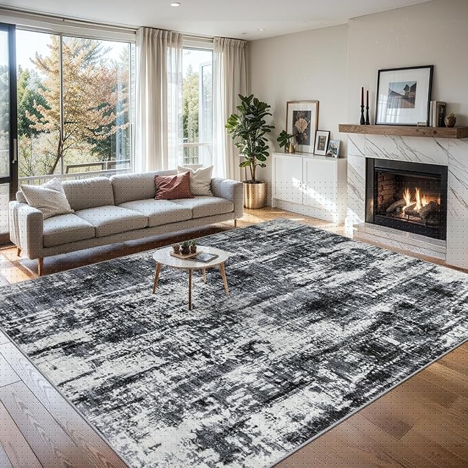 Area Rugs Living Room Rug - 4x6 Washable Modern Abstract Soft Neutral Non-Slip Carpet Large Indoor Floor Thin Carpets for Bedroom Dining Room Farmhouse Nursery Home Office Black