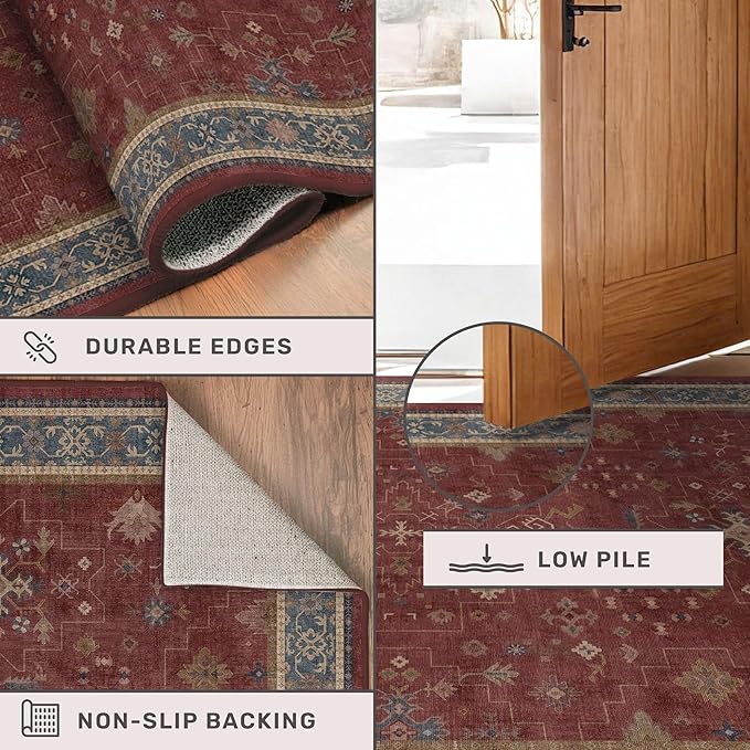 Washable 3x5 Entry Way Rugs Indoor - Burgundy Large Kitchen Rug, Non Slip Unique Bohemian Red Low Pile Thin Carpet for Bedroom Bedside, Foyer