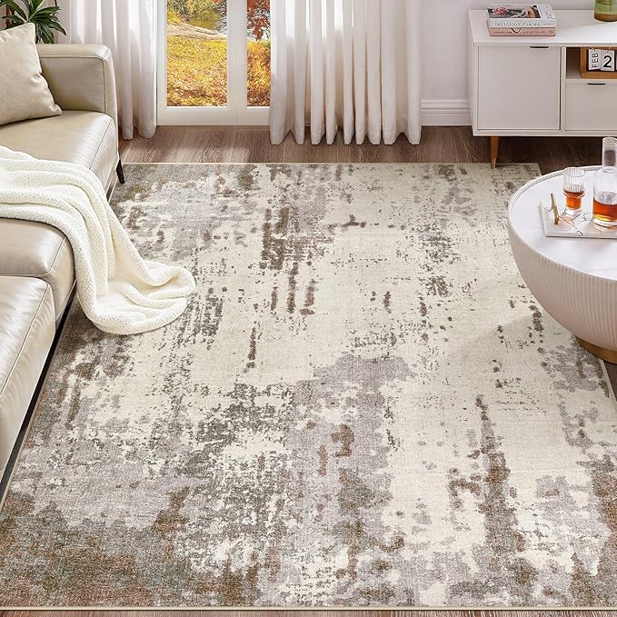 UERMEI 6x9 Area Rug Living Room Rugs - Washable Neutral Modern Abstract Soft Thin Rug Indoor Floor No Slip Rug Carpet for Bedroom Under Dining Table Home Office Decor - Brown/Grey/Beige