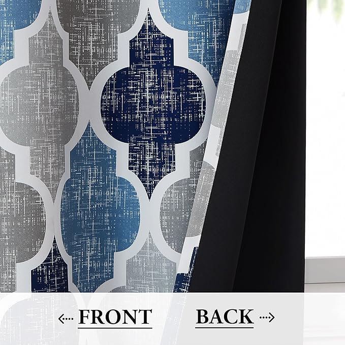 Beauoop 100% Blackout Curtains 84 Inches Long 2 Panels for Bedroom Living Room Blue Grey Moroccan Geo Room Darkening Thermal Insulated Soundproof Rod Pocket Back Tab Window Treatments Drapes, 50x84