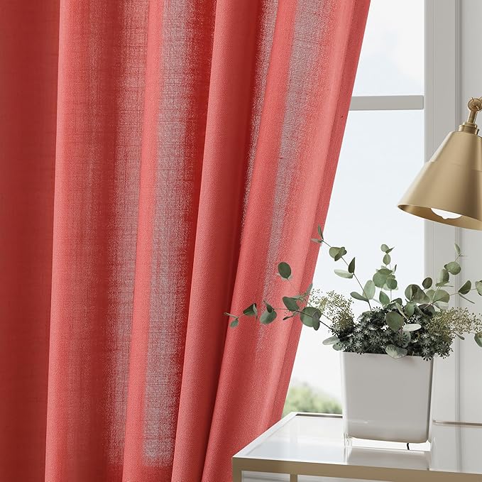 Nanspring Watermelon Red Linen Curtains 102 Inches Long 2 Panels,Back Tab Rod Pocket Semi Sheer Curtain Light Filtering Boho Extra Long Drapes Neutral Farmhouse Decor for High Window 52x102