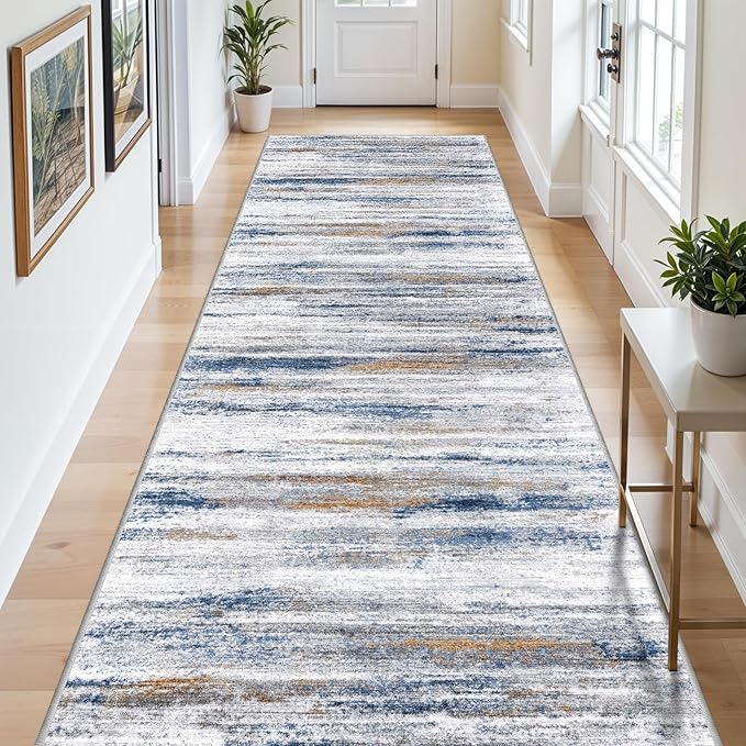 Large Runner Rugs for Hallway 4x16: Non-Slip Washable Wide Carpet - Soft Low-Pile Stain and Spill Resistant Rug for Entryway Living Room Dining Room Balcony Garage Office Navy Grey