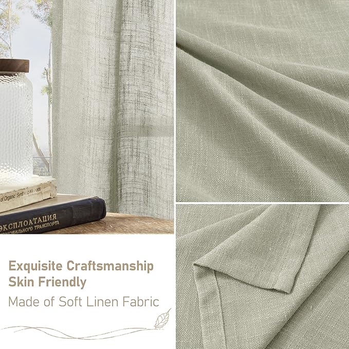 LAMIT 95 Inches Long Sage Grey Linen Curtains for Living Room, Back Tab and Rod Pocket Semi Sheer Curtains Light Filtering Farmhouse Drapes for Bedroom/Dining Room, Set of 2, 52 x 95 Inch