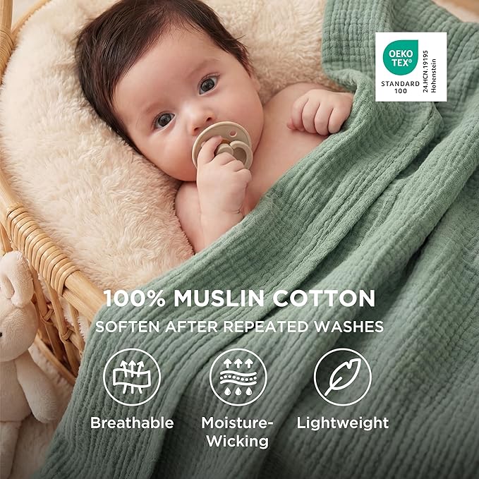 Bedsure 100% Cotton Muslin Blanket Queen Size for Bed - 4-Layer Breathable and Lightweight Thin Soft Summer Gauze Muslin Blankets for Adults, Sage Green, 90x90 Inches