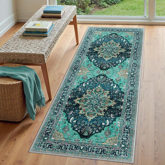 Area Rugs 3'x7' Runner Rug Non Slip Washable for Kitchen Hallway Bedroom Beside Laundry Room Bathroom Rug, Floor Carpet, Teal Green Lake Blue Turquoise