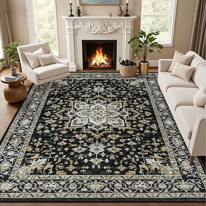 Area Rugs 10x14 Living Room Rug: Washable Rug Soft Vintage Boho Carpet Indoor Floor Non-Slip Stain Resistant Large Carpets for Bedroom Dining Room Farmhouse Nursery Home Office Beige