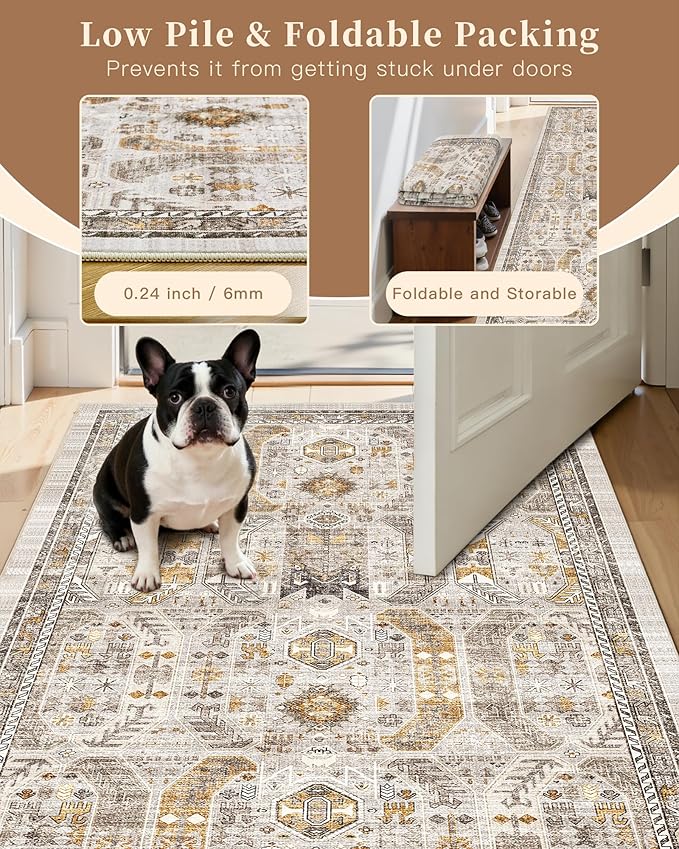 Madane 6x9 Area Rugs for Living Room, Stain Resistant Washable Rugs, Non-Slip Backing Area Rug, Vintage Home Decor Rug for Bedroom (Brown/Gold, 6'x9')
