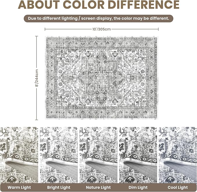 zesthome 8x10 Area Rugs for Living Room,Non-Slip Backing Washable Rugs,Vintage Large Area Rug，Stain Resistant Home Decor Rug (Grey/White,8'x10')