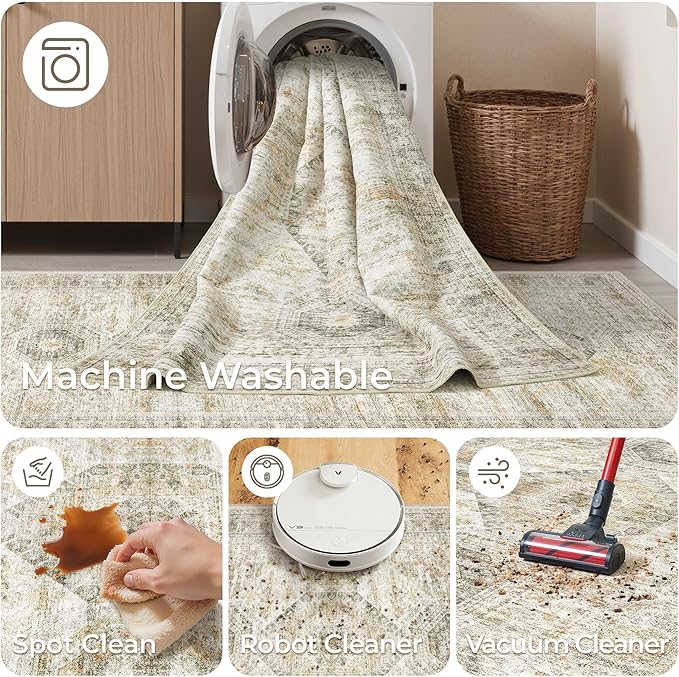 2x5 Rug Runner Washable for Entryway, Soft Bathroom Rugs with Non-Slip Backing, Abstract Low Pile Hallway Runner, Vintage Small Kitchen Carpet for Stair, Laundry Room(2'x5', Grey/Yellow)